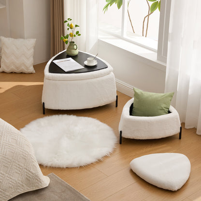 Ivory Faux Fur Upholstered Storage Ottoman Set with Metal Legs