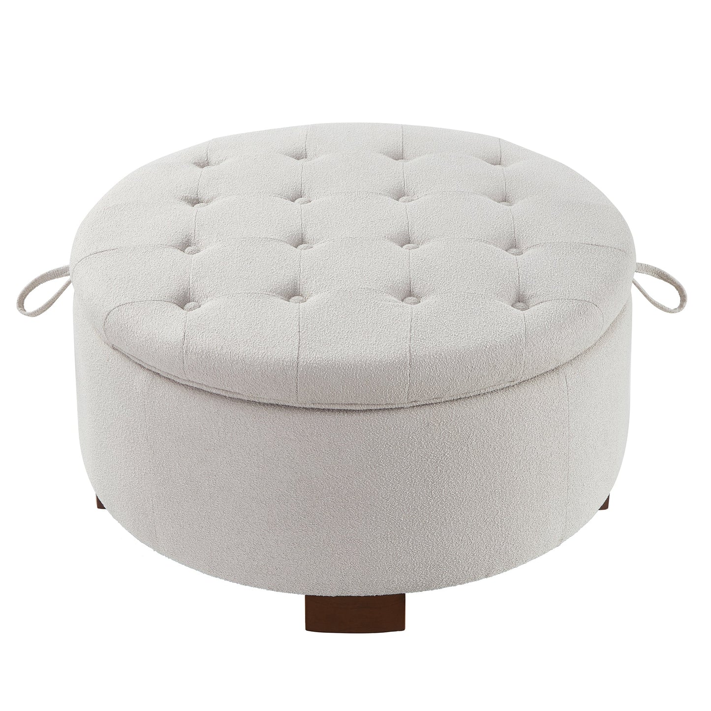 Round Storage Ottoman with Reversible Lid, Boucle Fabric Upholstered, Beige