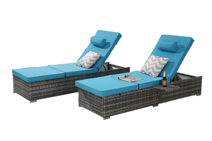 Chaise Lounge PE Rattan Steel Light Blue 5 Position Set of 2 600 LB