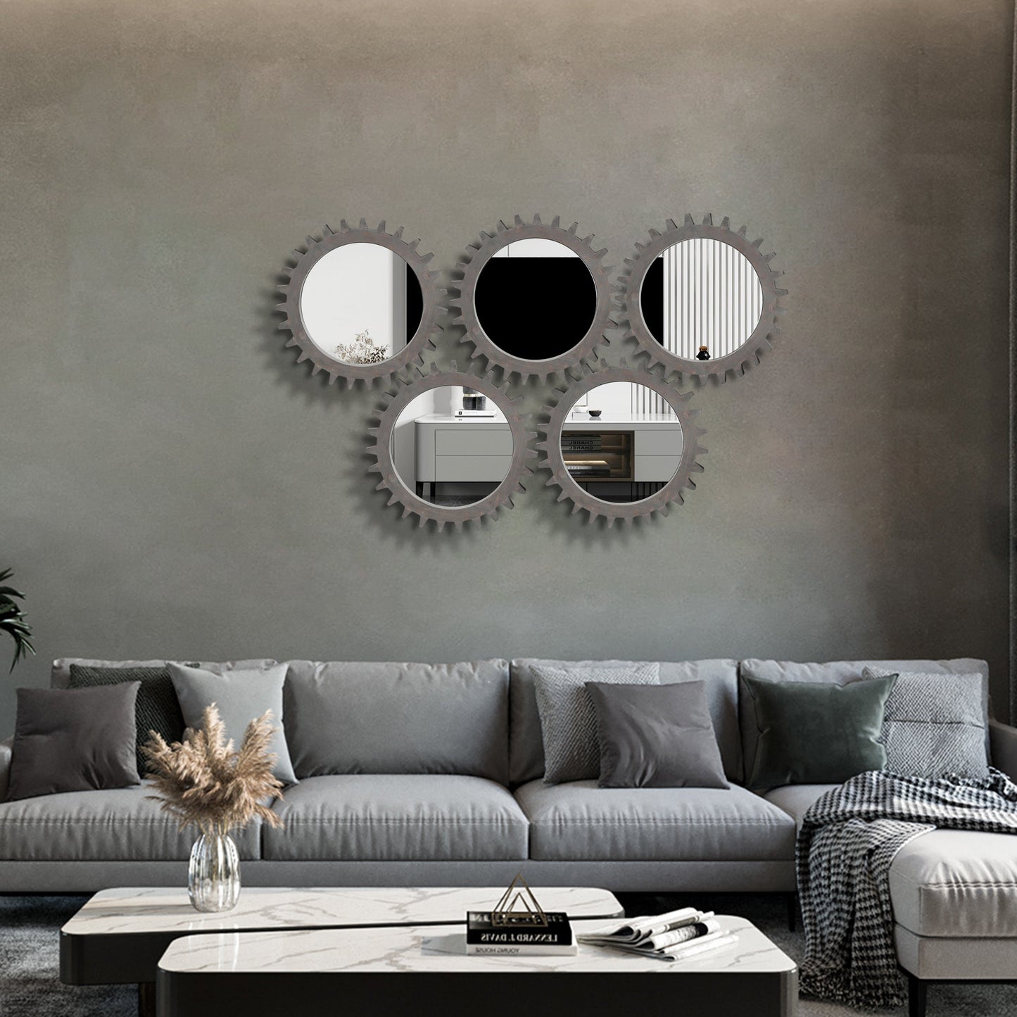 Wall Mirror Round Gear-Shape Wood Frame Dark Brown Vintage 16.5 In
