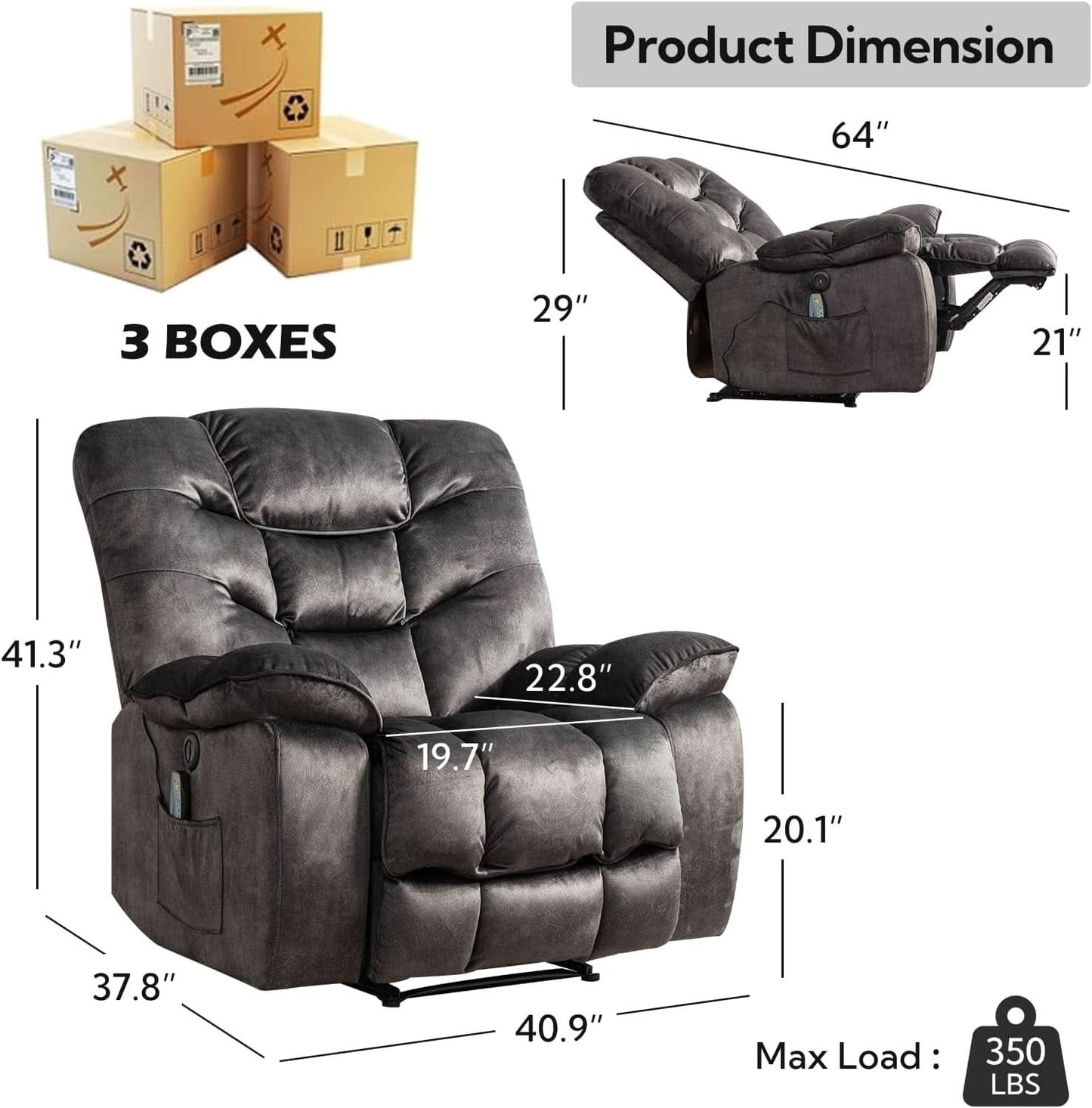 Oversized 41 Inch Power Recliner With Massage And Heat