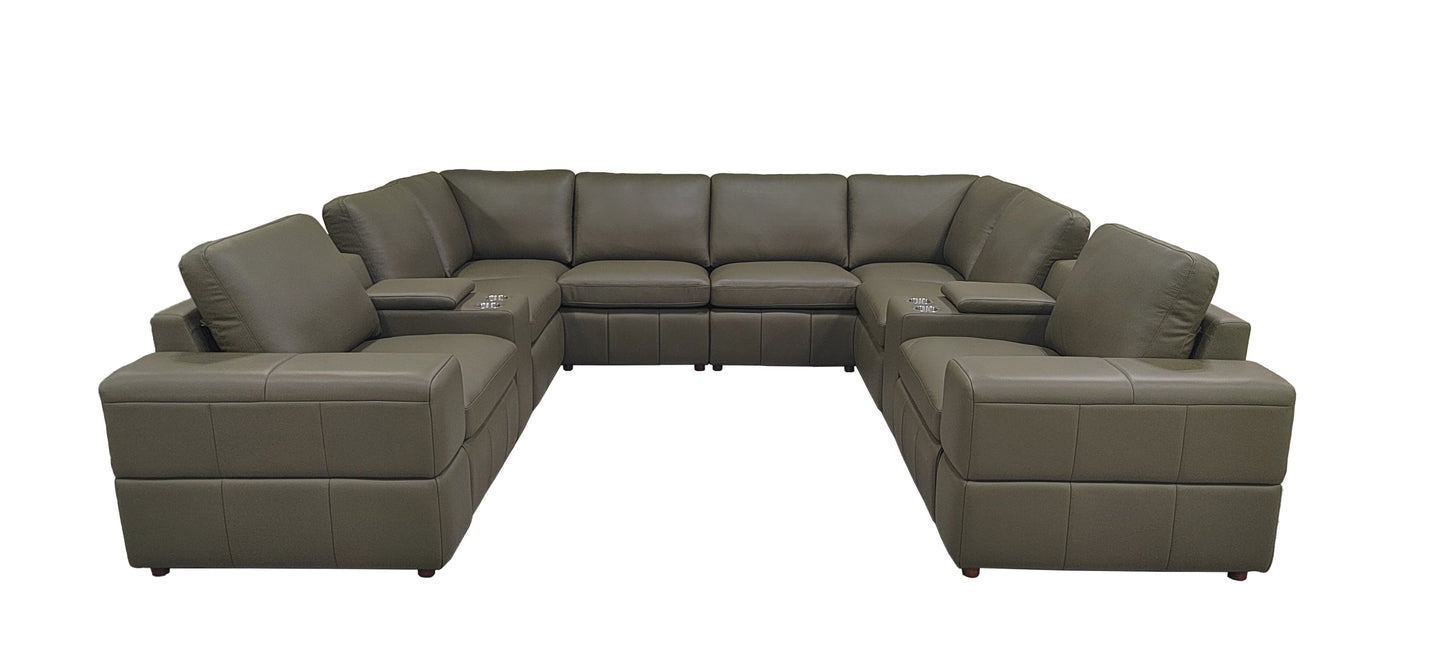 Sectional Sofa Modular Leather Match Olive 8 Seat 2 Recliners 128 In