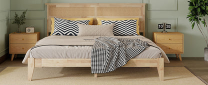 King Size Solid Wood Bed with Rattan Headboard, Rubber Wood Bed with Central