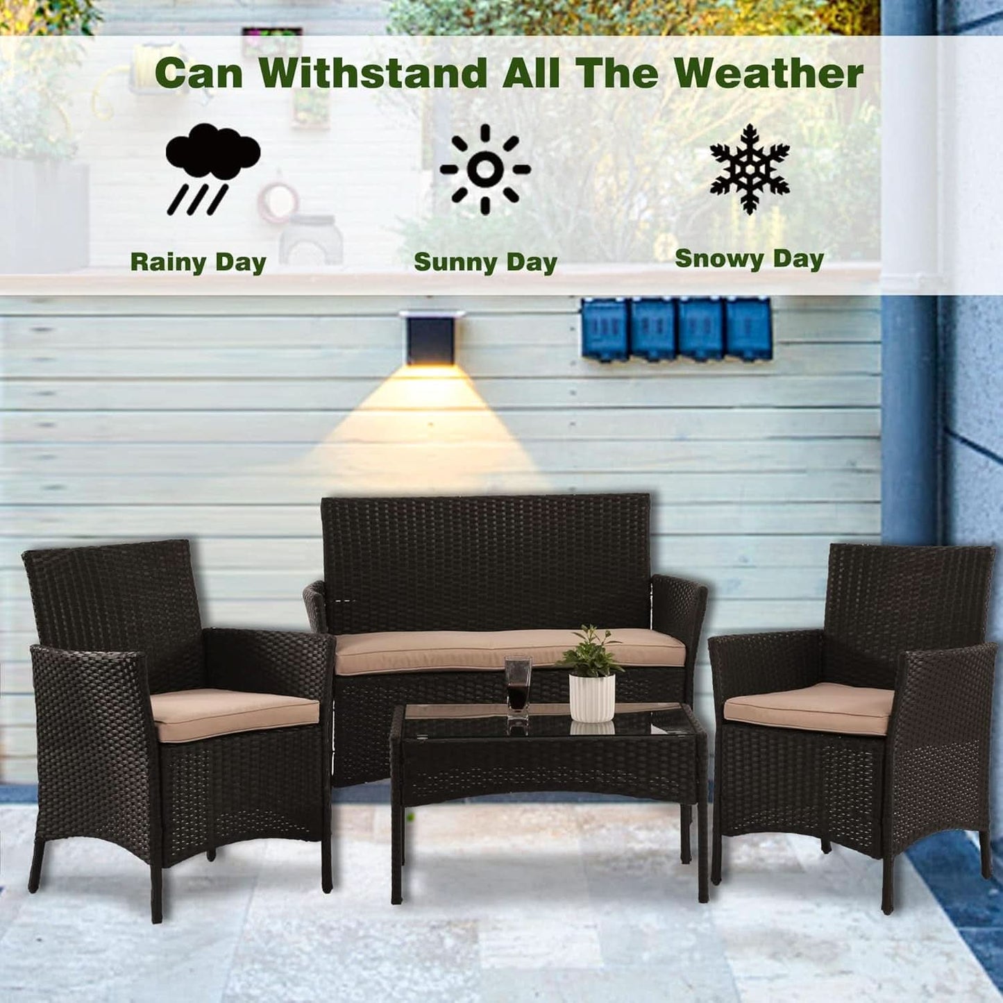 4 Piece Rattan Patio Set With Glass Table Black Cushions