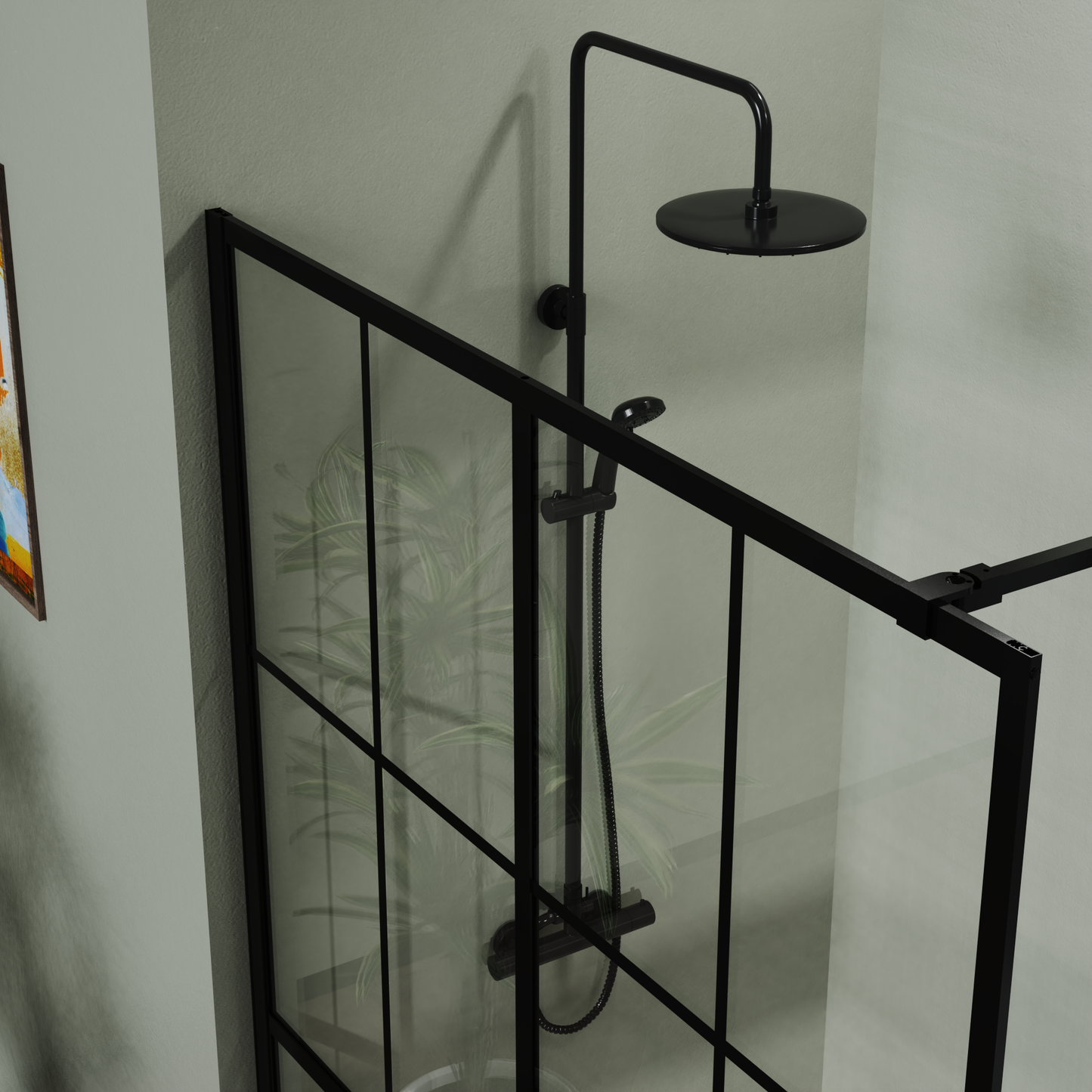 46' X 72' Shower Screen for Walk-in Wet-room Black Full-frame 4 Tempered Glass Panels