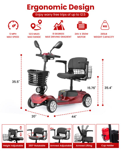 Mobility Scooter 4-Wheel Folding 350W Front Basket