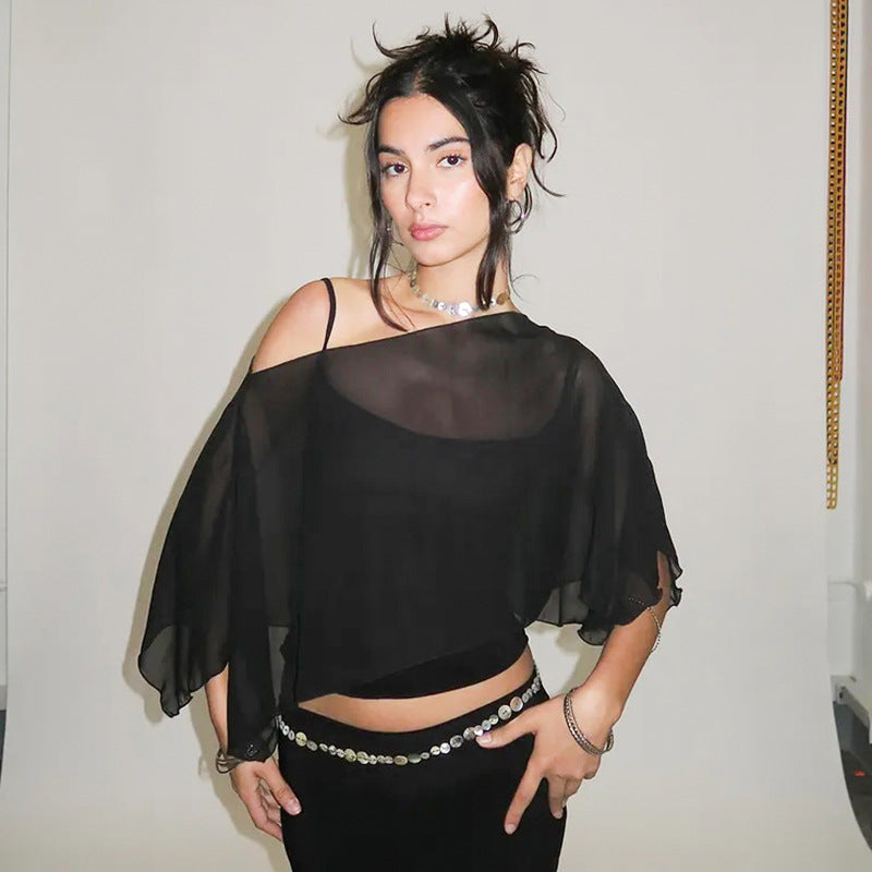 Solid-color Spaghetti-strap Midriff-baring Mesh Off-the-shoulder Outer Layer