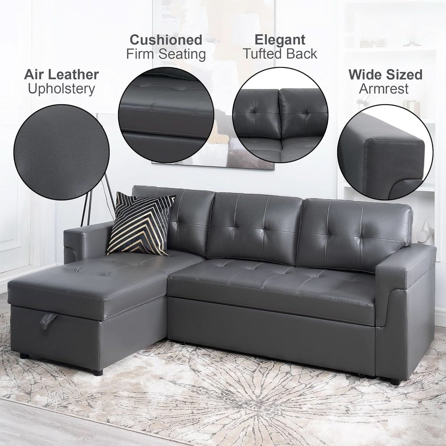 Sleeper Sectional Sofa With Convertible Bed In Dark Gray