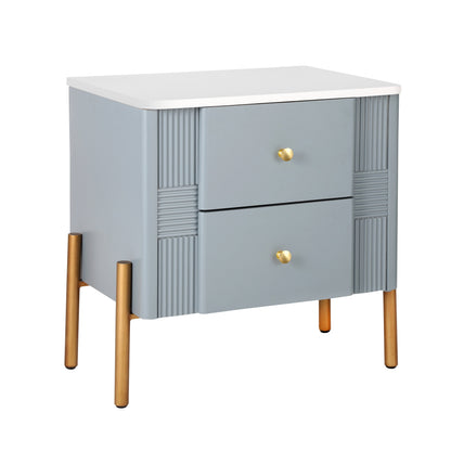 Modern Fluted Nightstand with 2 Drawers, Gold Metal Legs and Handles, Blue