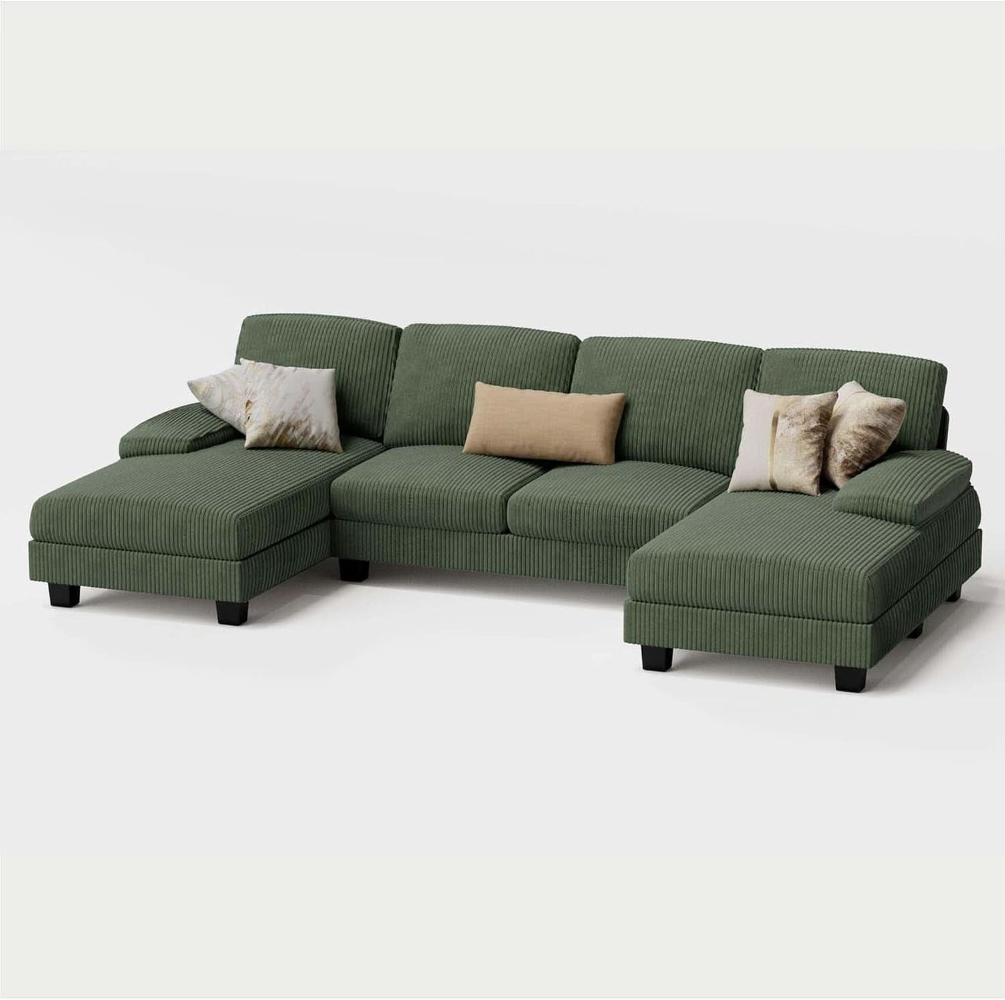 Dark Green Corduroy U Shaped Sectional Sofa 4 Seat Chaise