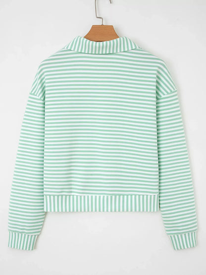 Stripe Quarter Zip Collar Long Sleeve Top