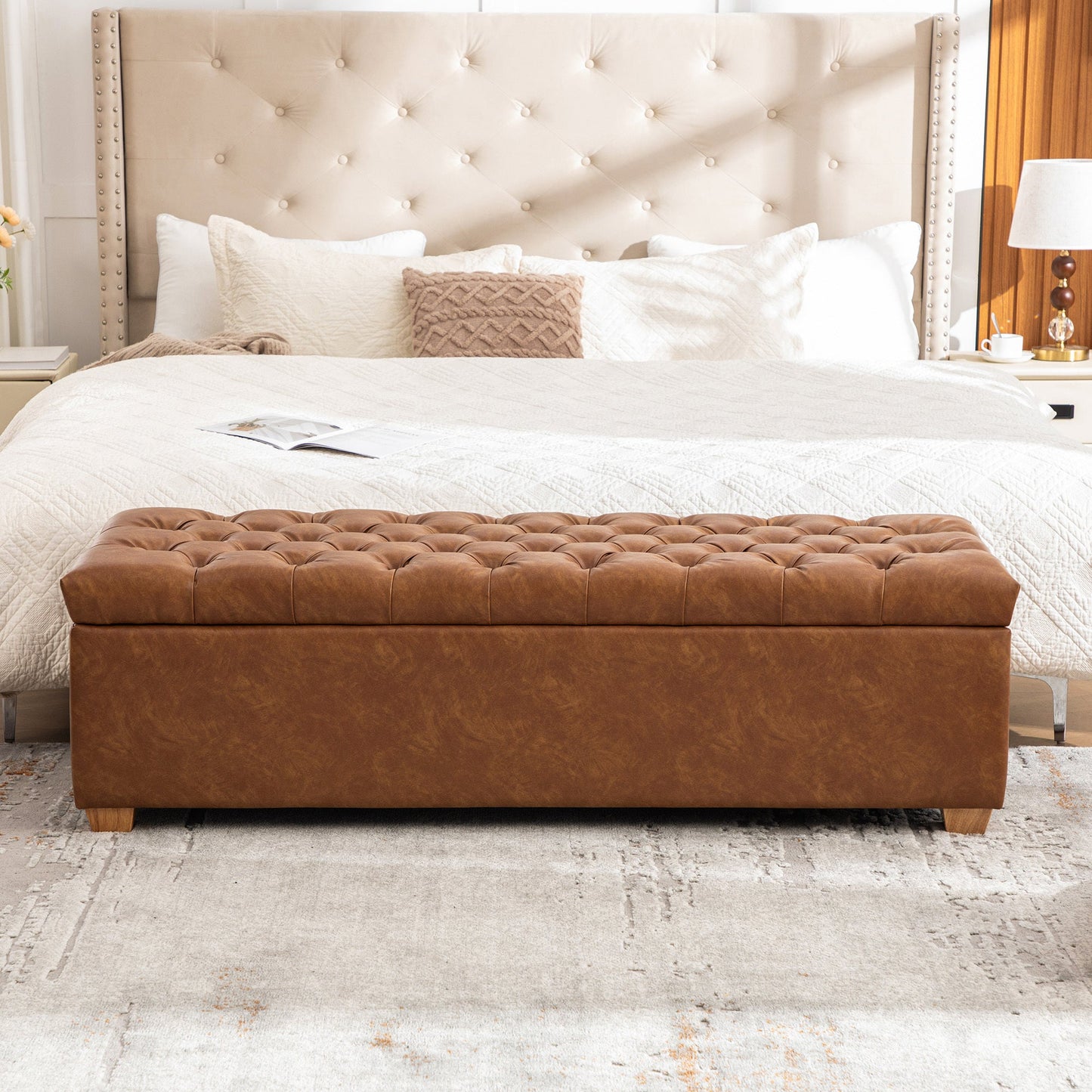Storage Bench Tufted PU Leather Brown Flip Top 60