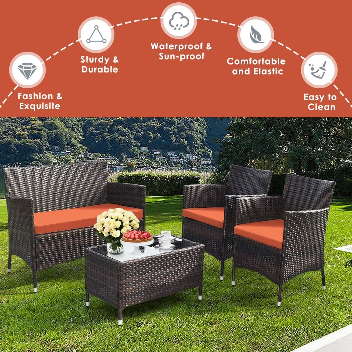 Rattan Patio Set With Cushioned Chairs And Glass Table