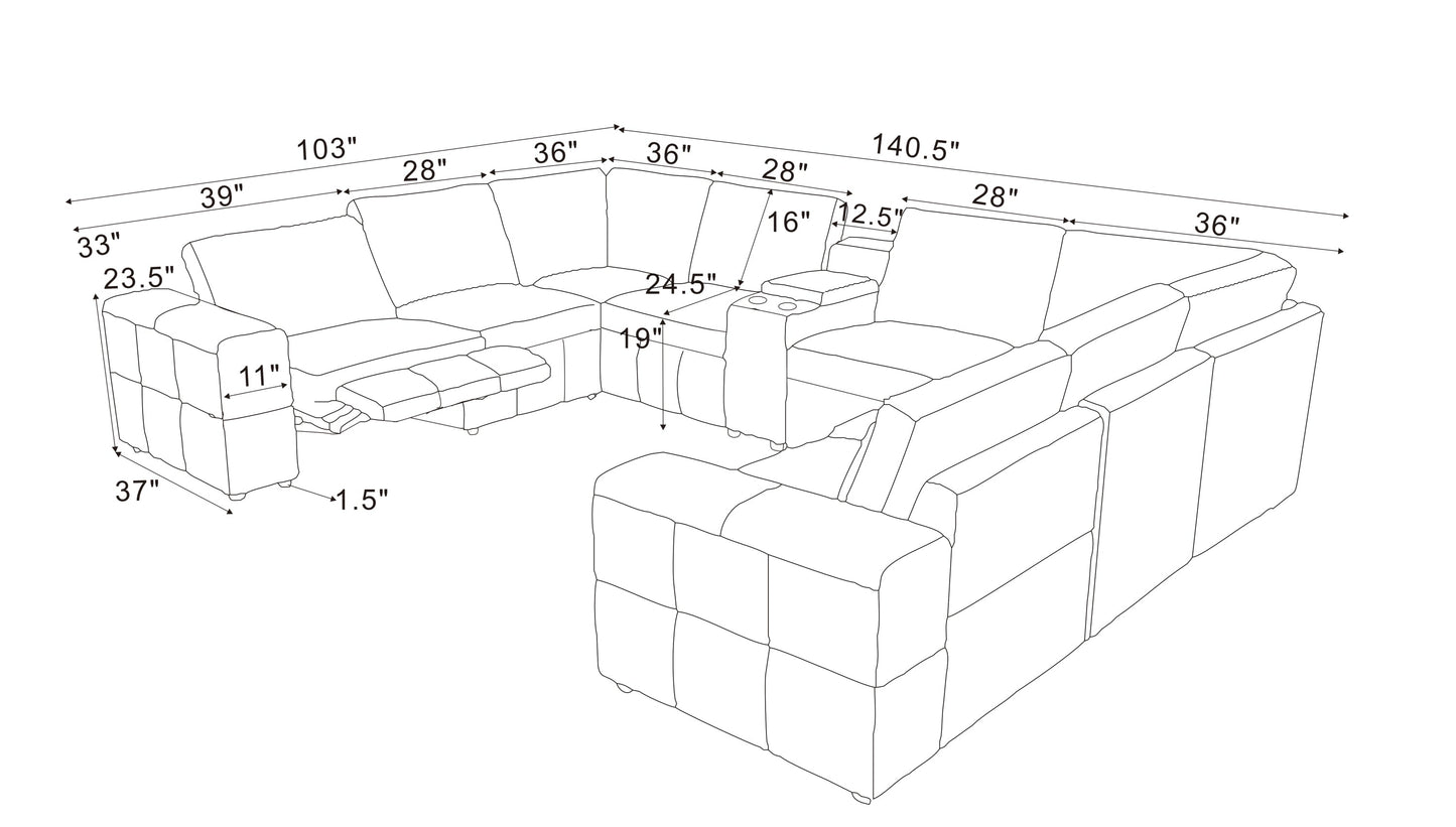 Sectional Sofa Modular Leather Match Ginger 8 Seat 2 Recliners 140 In