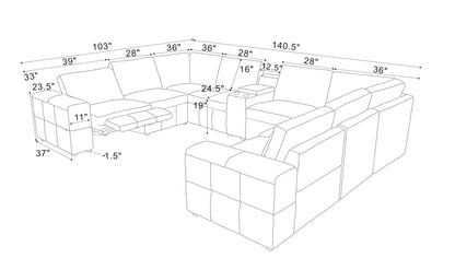 Sectional Sofa Modular Leather Match Ginger 8 Seat 2 Recliners 140 In