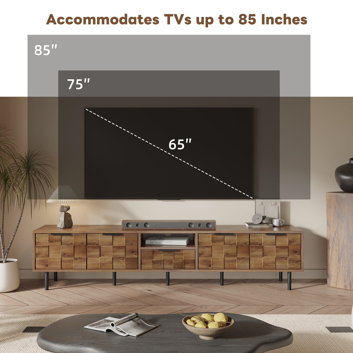 TV Stand Natural Wood Checkered MDF Soft-Close Doors Fits 85 In TV 78.7 In