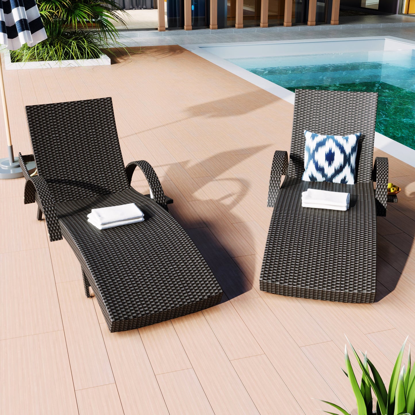 2-Piece Wicker Chaise Lounge Set w/ Pull-Out Table 5-Position 470lb