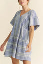 Davi & Dani Embroidered Stripe Ruffled Gingham Mini Dress