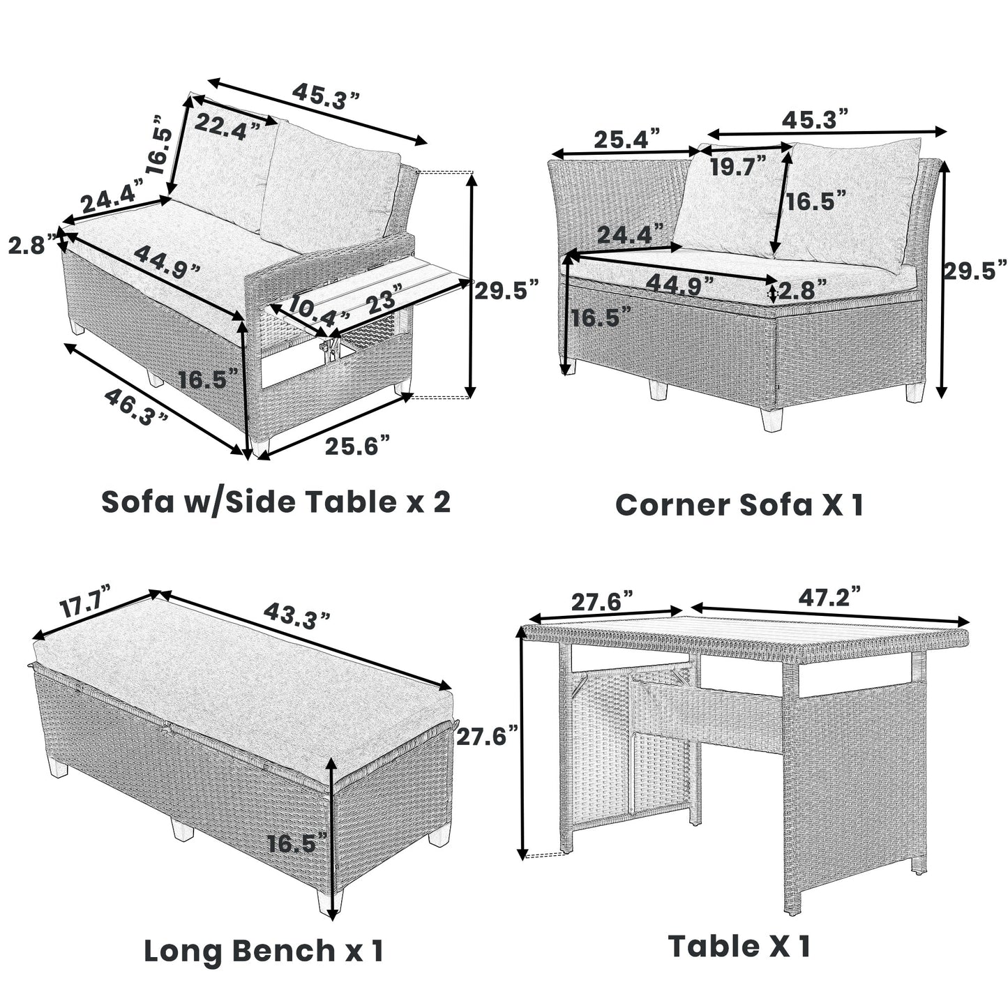 Outdoor Sectional Set PE Rattan Steel White 5 Piece Seats 7 Extendable
