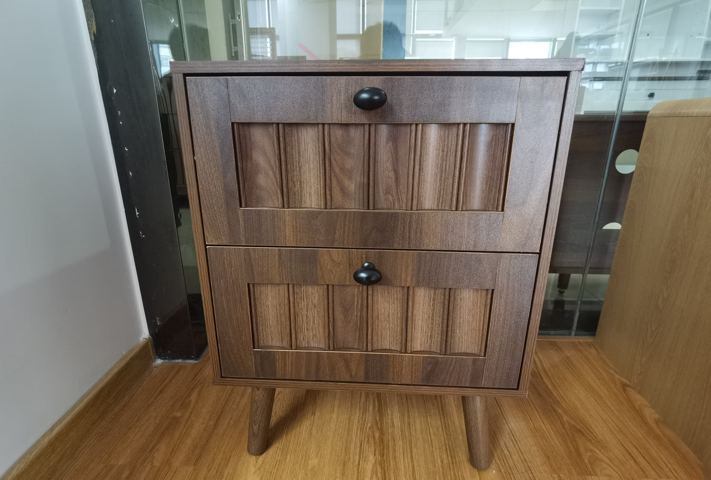 Double Drawer Bedside Table, Solid Wood Legs, Walnut, 15.75x15.75 in, 2-Pack