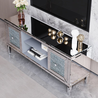 TV Stand Mirrored Crushed Diamond Glass Silver 59 In Fits 65 In TV