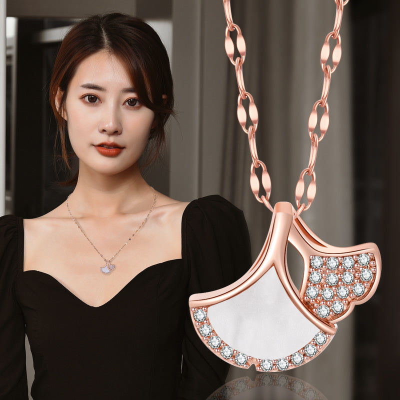 Dainty Ginkgo Leaf Pendant Necklace For Women, Shell & Zircon Adjustable Collarbone Chain, Elegant Long Sweater Chain Fashion Jewelry