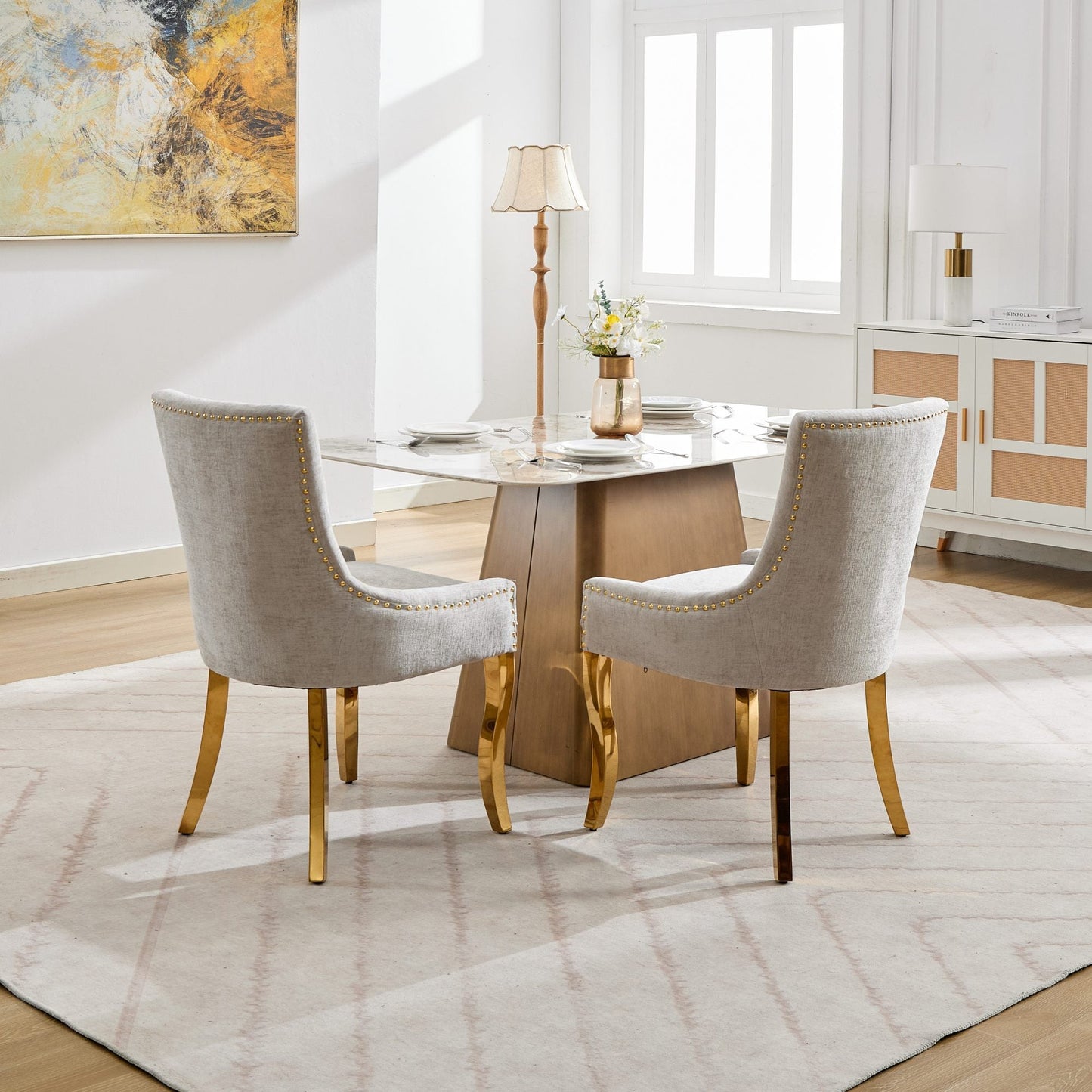 Chenille Dining Chairs, Modern Style with Curved Gold - Plated Legs & Rivet