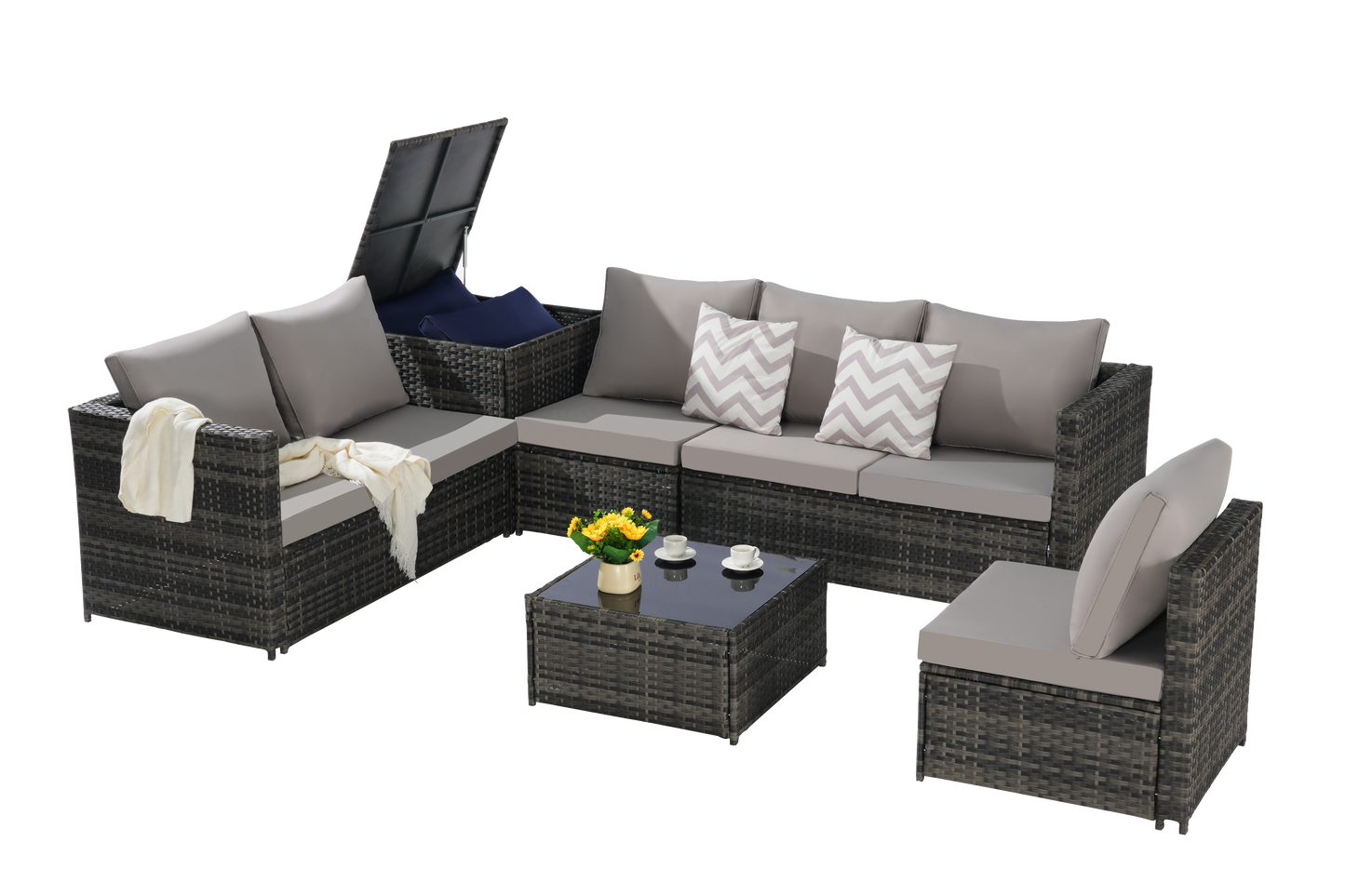 Outdoor Sectional Set PE Rattan 6 Piece L-Shape Gray