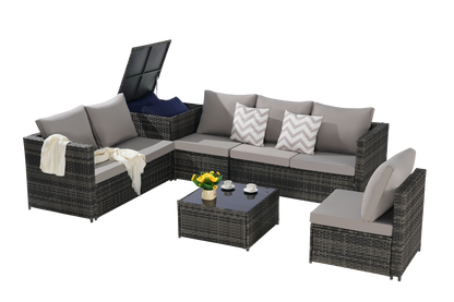 Outdoor Sectional Set PE Rattan 6 Piece L-Shape Gray