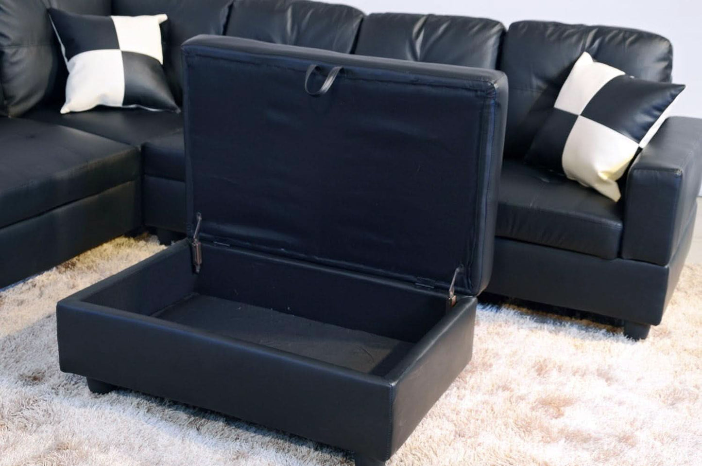 Black Faux Leather Sectional Sofa Set With Ottoman