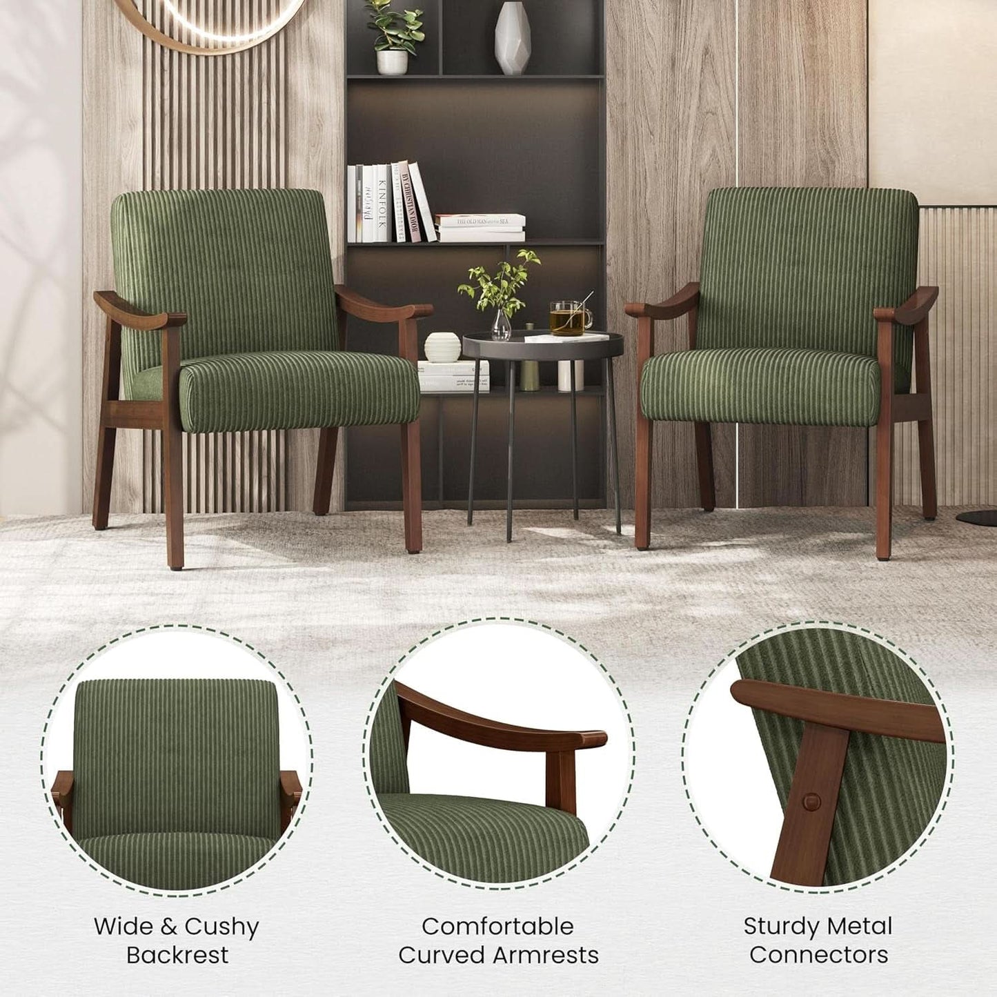 Dark Green Corduroy Armchair Mid Century Solid Wood