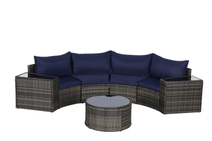 Outdoor Sectional Set PE Rattan Steel Dark Blue Half Moon 7 Piece 380 LB