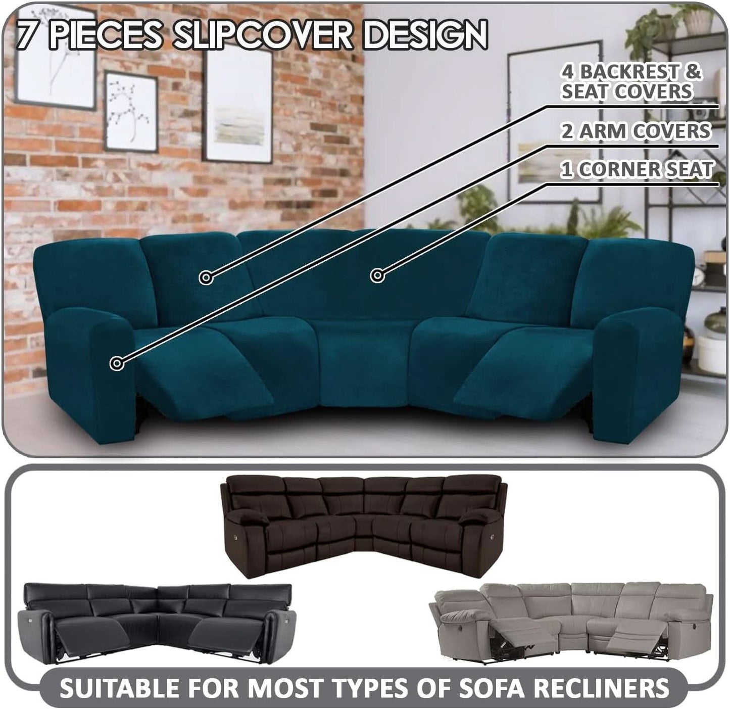 Velvet Seven Piece Sectional Recliner Sofa Cover Deep Teal