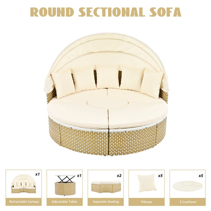Outdoor Patio Round Rattan Daybed Sectional Beige Retractable Canopy