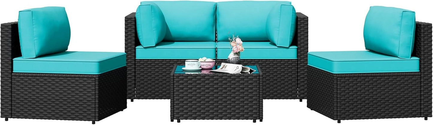 Five Piece Outdoor Patio Sectional Sofa Set Blue