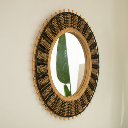 Wall Mirror Round Bamboo Hemp Rope Frame Natural Boho 23 In
