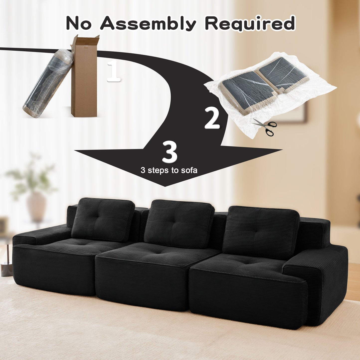 Sectional Sofa Modular Corduroy Black 3 Seat Tufted No Assembly