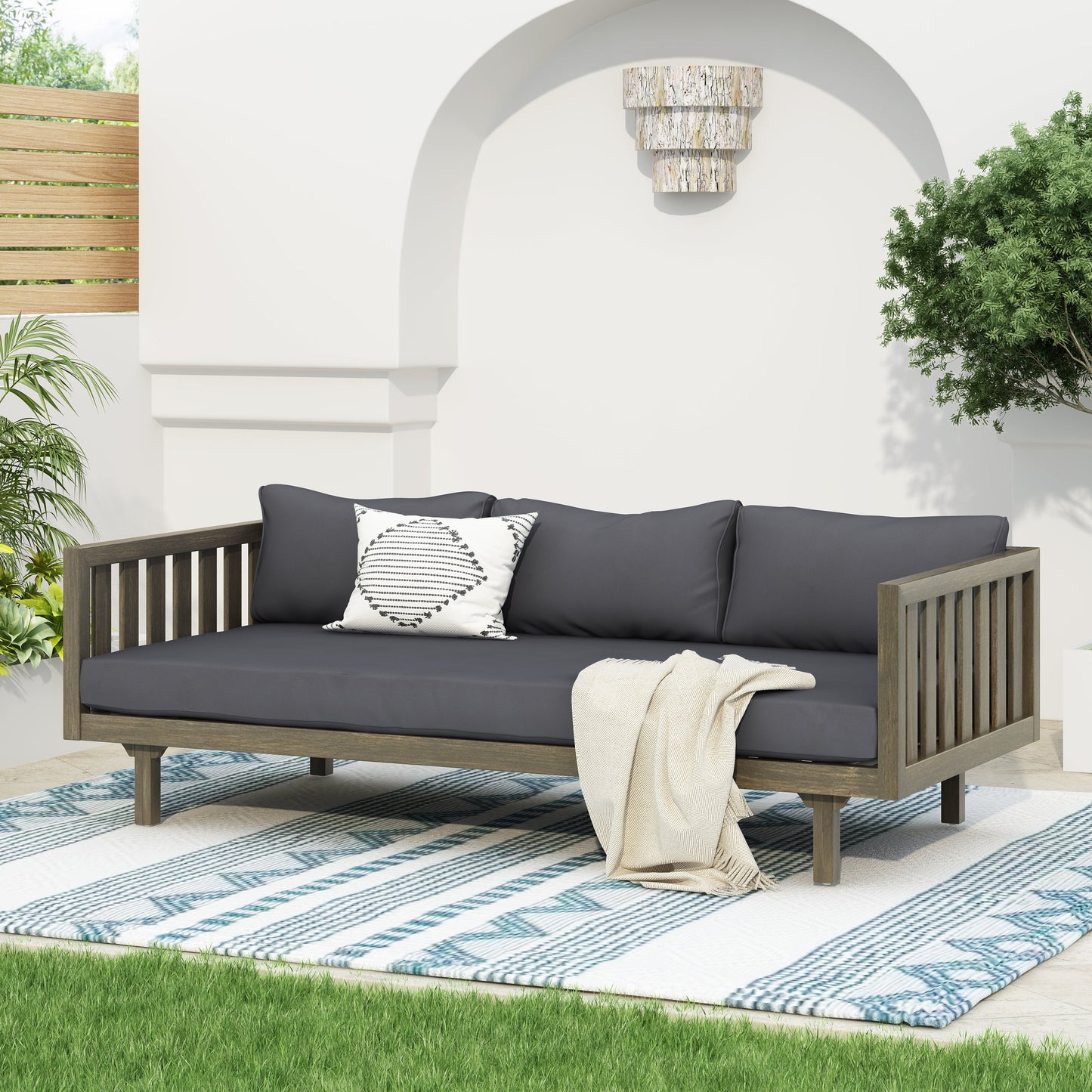 Outdoor Daybed Set Acacia Wood Gray 3 Seater Chaise