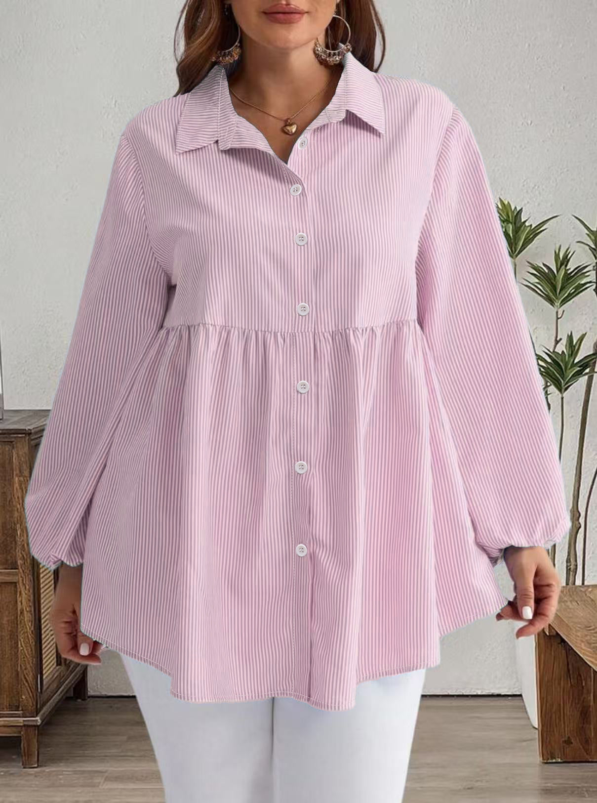 Striped Casual Loose-fitting Long-sleeve Lapel Shirt