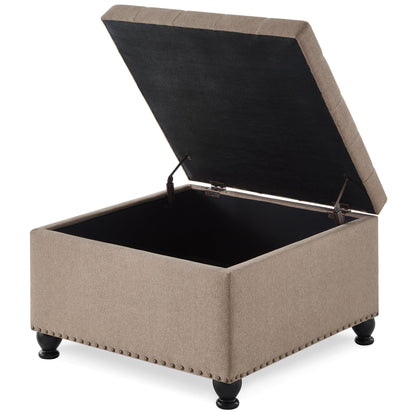 Large Square Storage Ottoman Button Tufted Wooden Legs Linen, 30x30x18