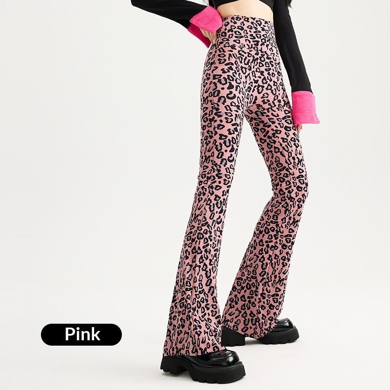 Womens Leopard-print Bootcut Pants With A High Waist For Spring And Autumn