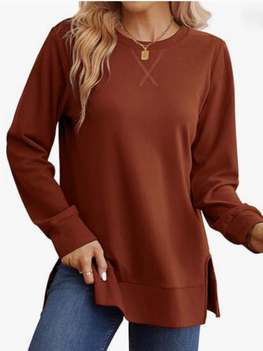 Womens Crew-Neck Long-Sleeve T-Shirt With Side Slits Casual Top
