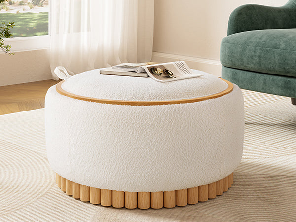 29' Round Storage Ottoman with Solid Wood Legs, Boucle Fabric, No Assembly