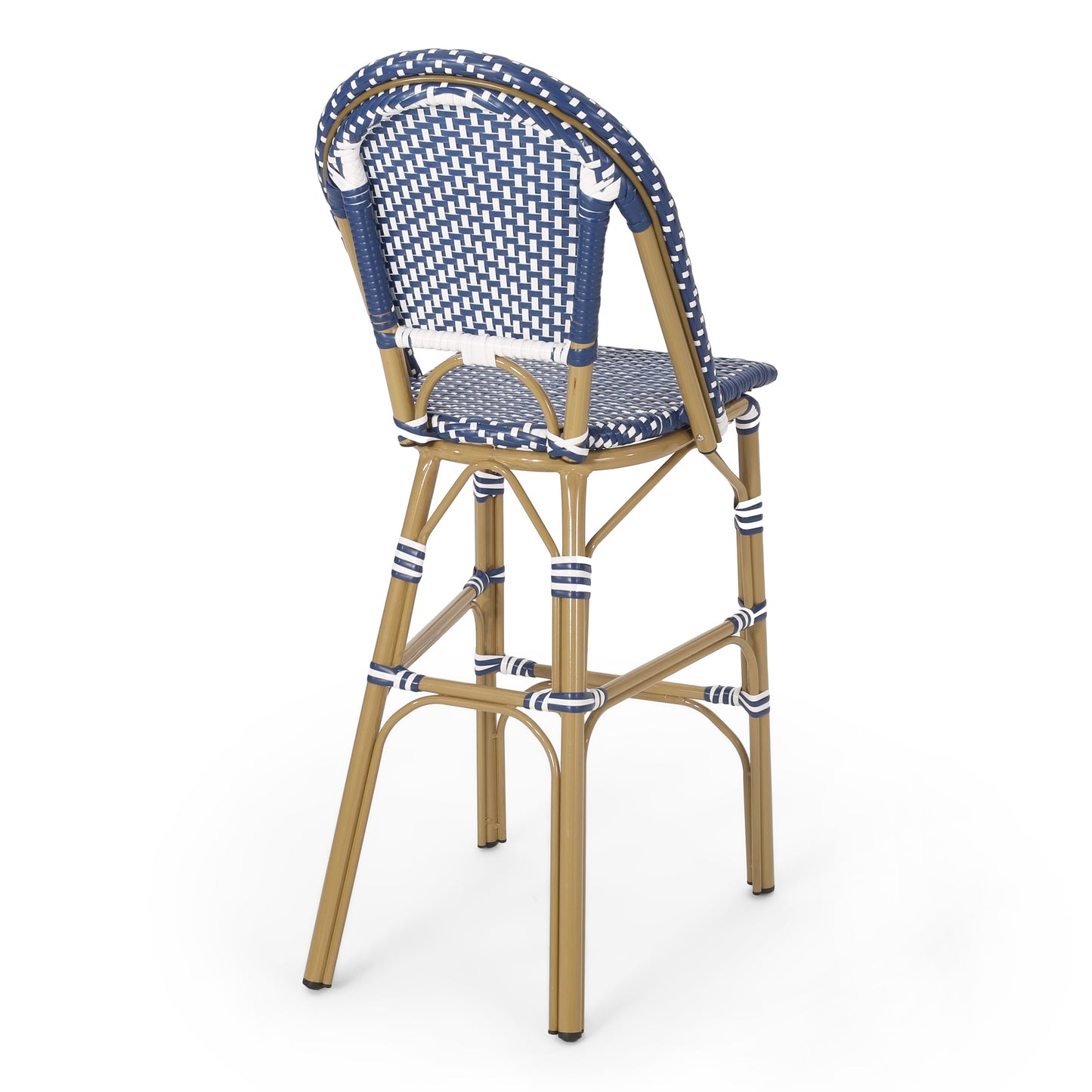 Outdoor PE Rattan French Barstool Set, Dark Teal and White, Aluminum Frame,
