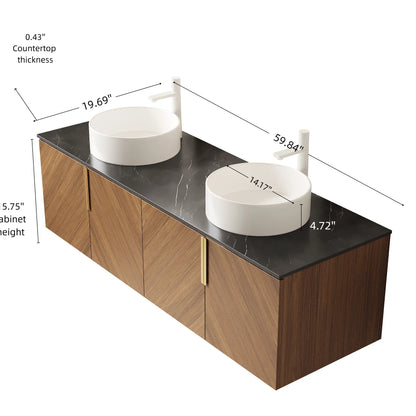 60' Bathroom Vanity with Sinks, Floating Wall-Mounted Plywood 4 Doors Black Stone Top