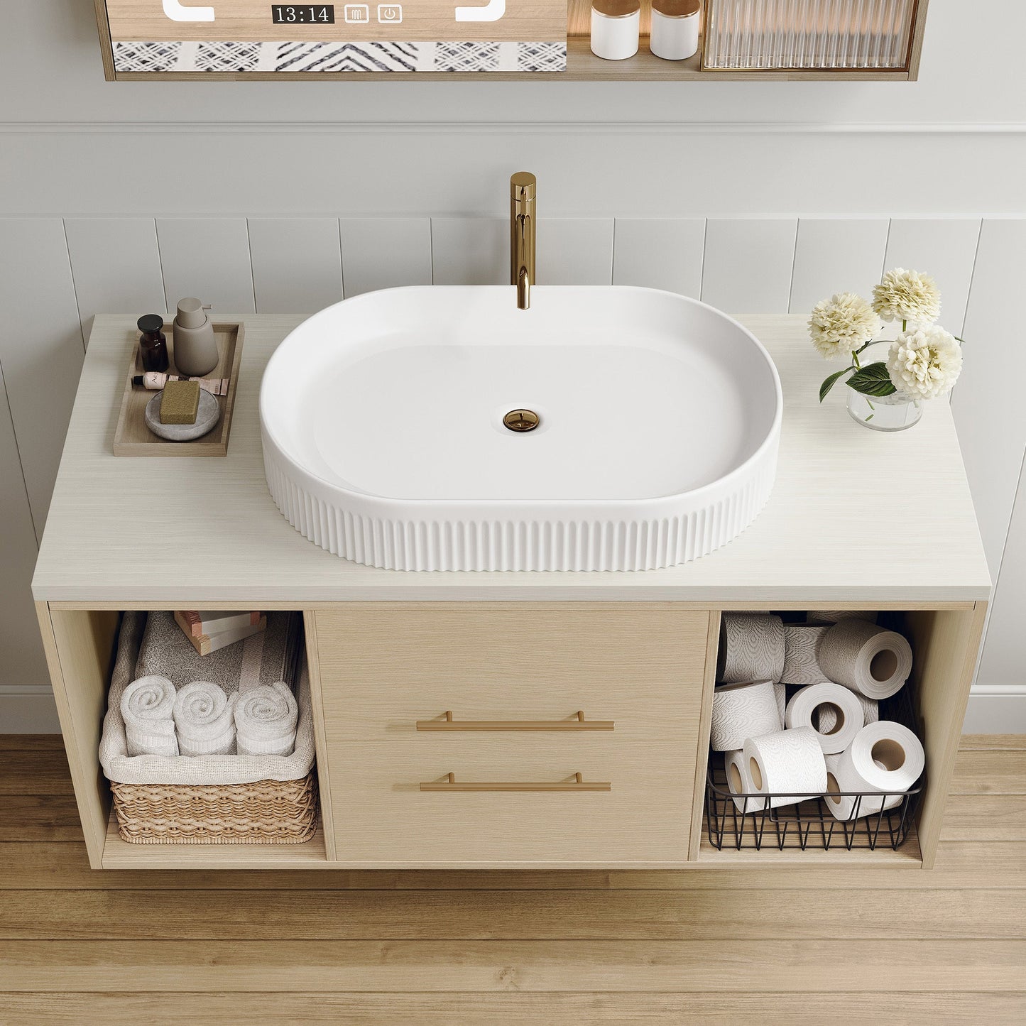 Modern 39.3 Wall-Mounted Bathroom Vanity with Oval Ceramic Sink Floating Vani...