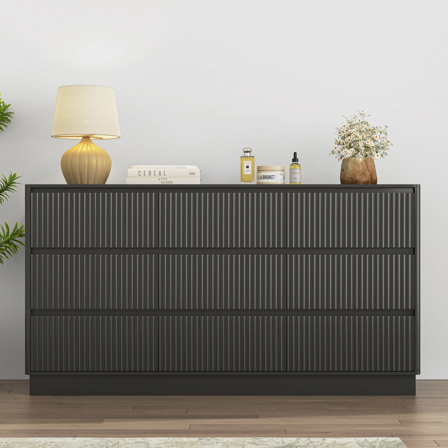 Mid-Century 9-Drawer Black Wave Dresser 59.1x15.7x31.6