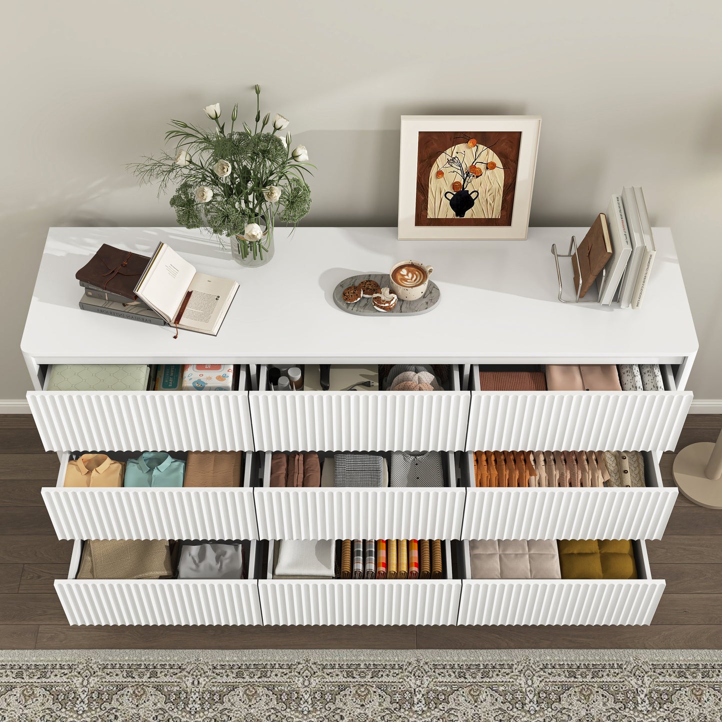 Dresser Mid-Century 9-Drawer White Wave No-Handle 59.1x15.7x31.6 In