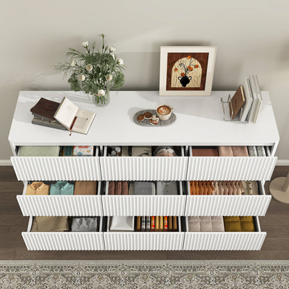 Dresser Mid-Century 9-Drawer White Wave No-Handle 59.1x15.7x31.6 In