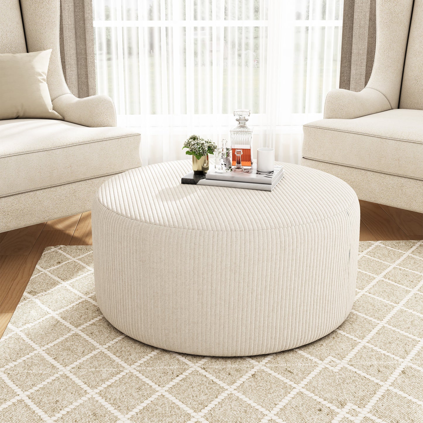 Upholstered Round Ottoman, Beige, Corduroy